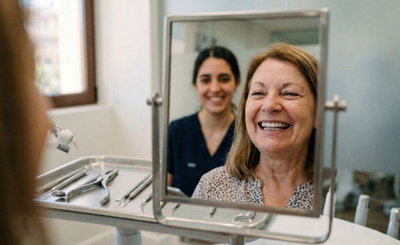 Senior patient smiling in mirror in dental office